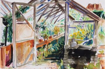 Old greenhouse with oast house behind
